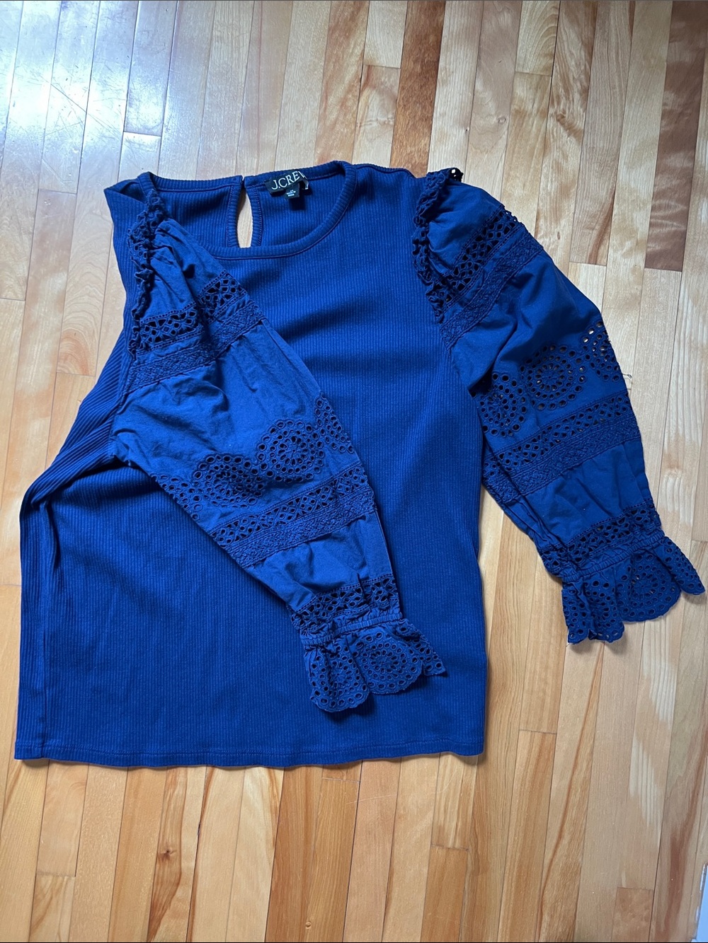 J. Crew Navy Blue Long-Sleeve Eyelet Lace Sleeve Top